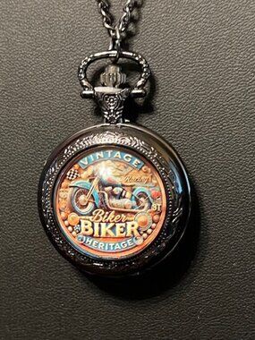 Black Enamel 1.25" Diameter VINTAGE BIKER Pocket Watch (142)
